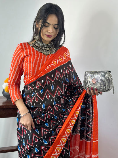 Women's Cotton Black Printed Designer Saree With Blouse Piece