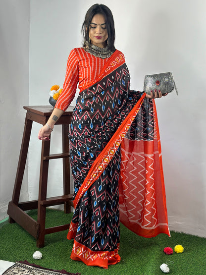 Women's Cotton Black Printed Designer Saree With Blouse Piece