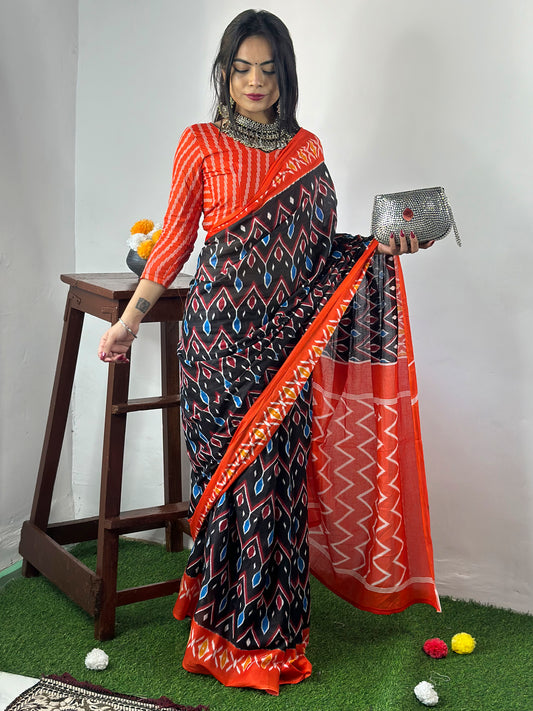 Women's Cotton Black Printed Designer Saree With Blouse Piece