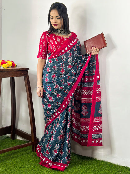 Women's Cotton Teal blue Printed Designer Saree With Blouse Piece