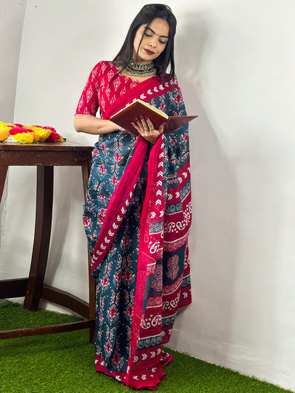 Women's Cotton Teal blue Printed Designer Saree With Blouse Piece