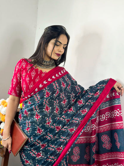 Women's Cotton Teal blue Printed Designer Saree With Blouse Piece