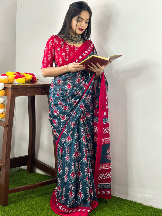 Women's Cotton Teal blue Printed Designer Saree With Blouse Piece