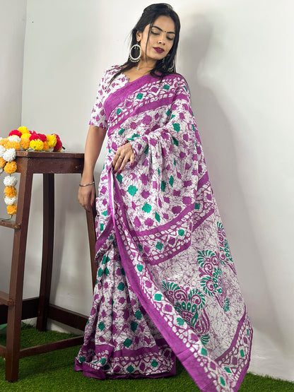 Women's Cotton White Printed Designer Saree With Blouse Piece