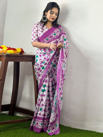 Women's Cotton White Printed Designer Saree With Blouse Piece