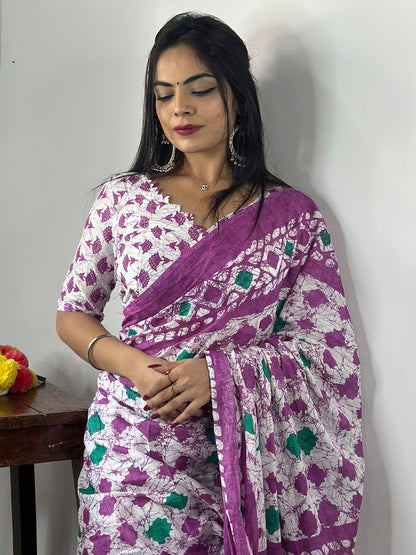 Women's Cotton White Printed Designer Saree With Blouse Piece