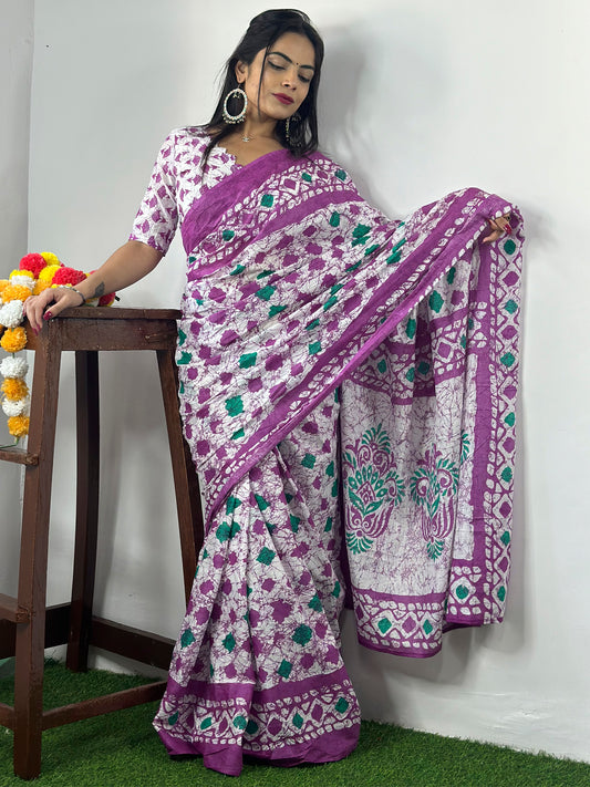 Women's Cotton White Printed Designer Saree With Blouse Piece