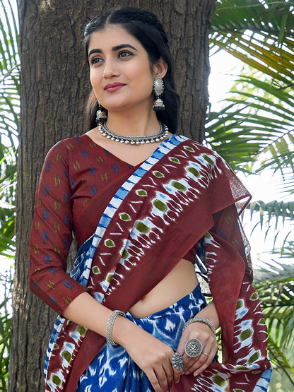 Women's Cotton Blue Printed Designer Saree With Blouse Piece