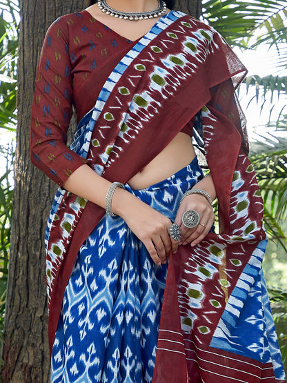 Women's Cotton Blue Printed Designer Saree With Blouse Piece