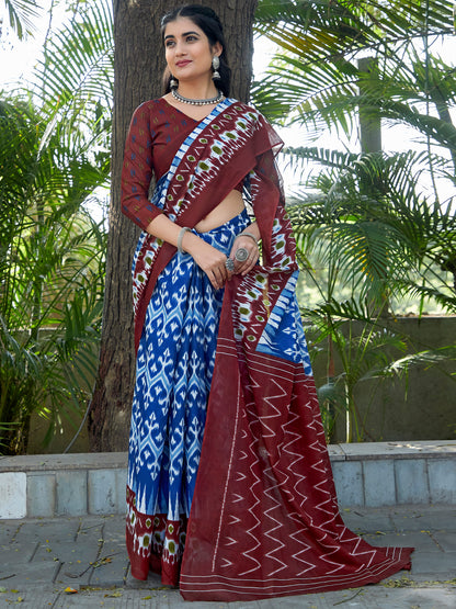 Women's Cotton Blue Printed Designer Saree With Blouse Piece