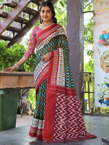 Women's Cotton Green Printed Designer Saree With Blouse Piece