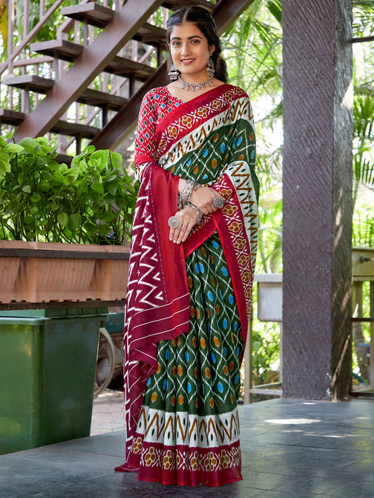 Women's Cotton Green Printed Designer Saree With Blouse Piece