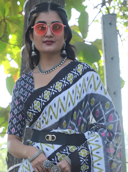 Women's Cotton Grey Printed Designer Saree With Blouse Piece