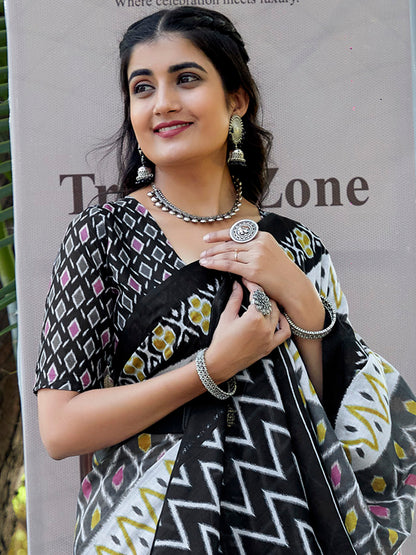 Women's Cotton Grey Printed Designer Saree With Blouse Piece