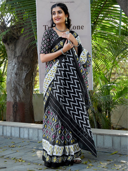 Women's Cotton Grey Printed Designer Saree With Blouse Piece