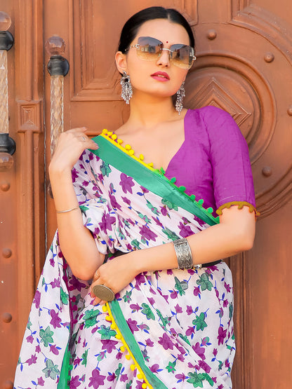 Women's Cotton White Printed Designer Saree With Blouse Piece