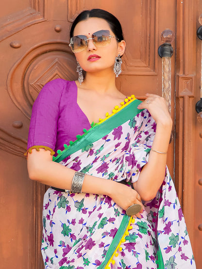 Women's Cotton White Printed Designer Saree With Blouse Piece
