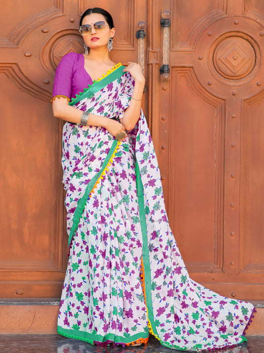 Women's Cotton White Printed Designer Saree With Blouse Piece