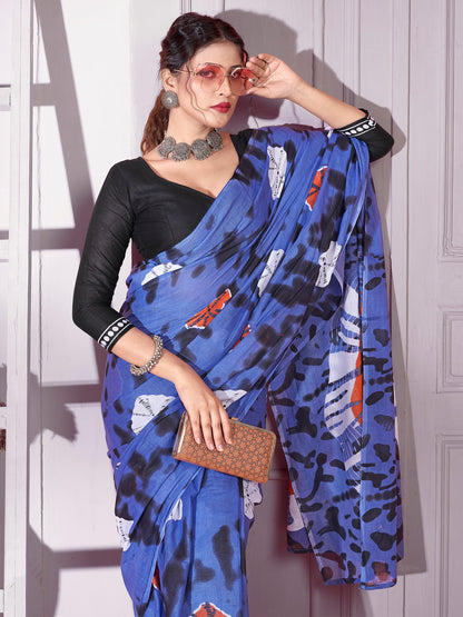 Women's Cotton Blue Printed Designer Saree With Blouse Piece