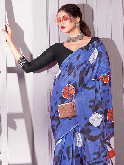 Women's Cotton Blue Printed Designer Saree With Blouse Piece