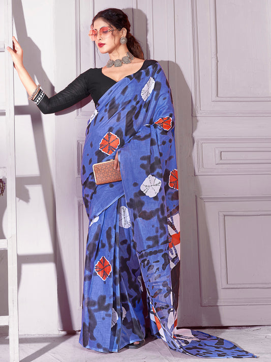 Women's Cotton Blue Printed Designer Saree With Blouse Piece