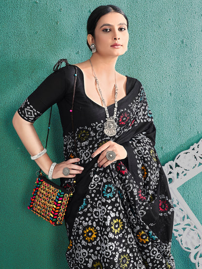 Women's Cotton Black Printed Designer Saree With Blouse Piece