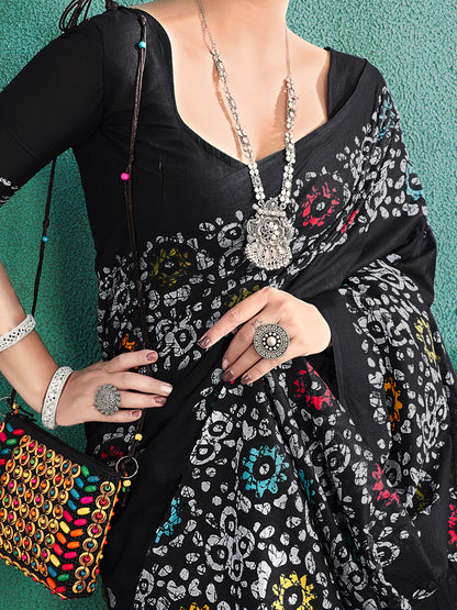 Women's Cotton Black Printed Designer Saree With Blouse Piece
