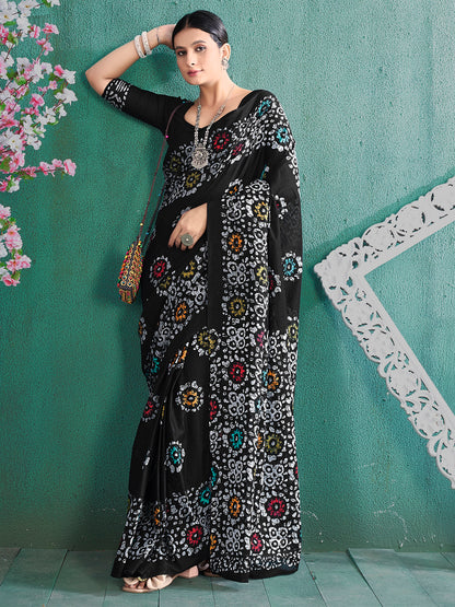 Women's Cotton Black Printed Designer Saree With Blouse Piece