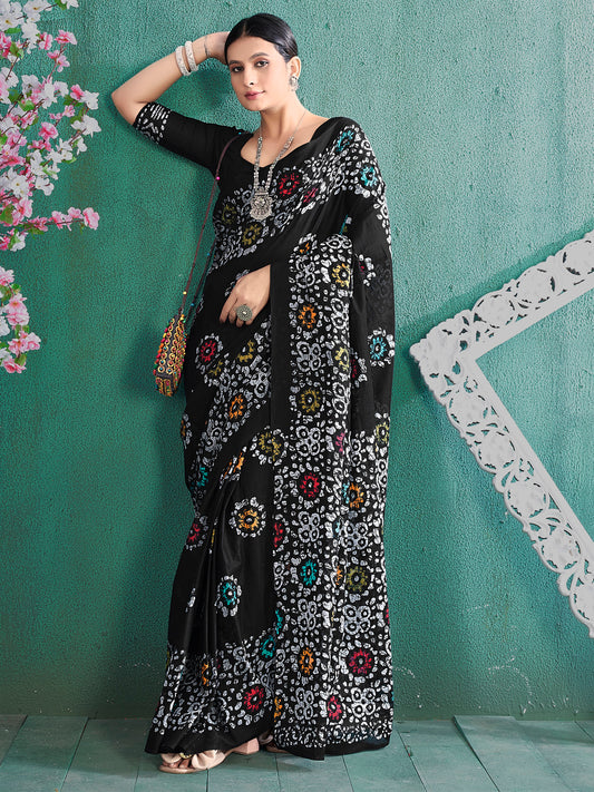 Women's Cotton Black Printed Designer Saree With Blouse Piece