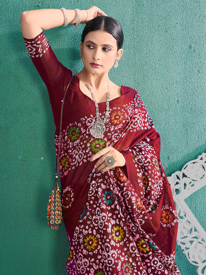 Women's Cotton Maroon Printed Designer Saree With Blouse Piece