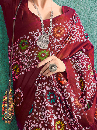 Women's Cotton Maroon Printed Designer Saree With Blouse Piece