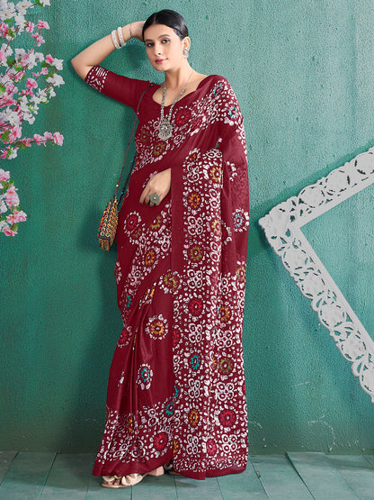 Women's Cotton Maroon Printed Designer Saree With Blouse Piece