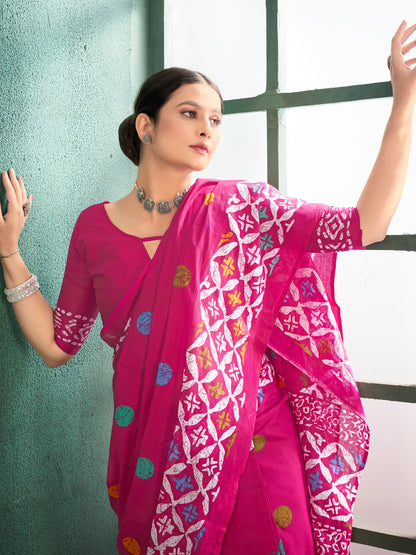 Women's Cotton Pink Printed Designer Saree With Blouse Piece