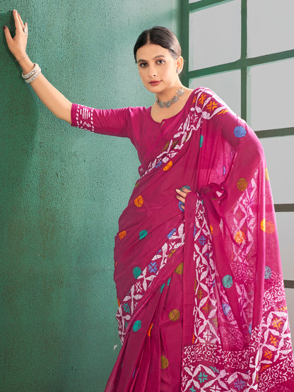 Women's Cotton Pink Printed Designer Saree With Blouse Piece