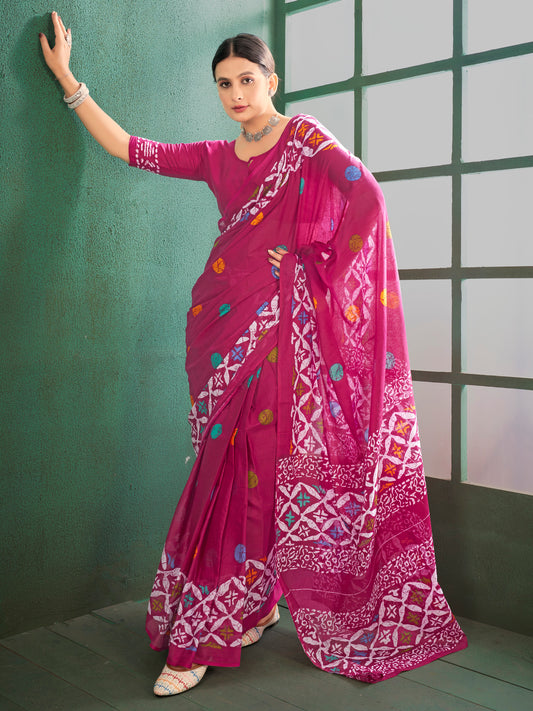 Women's Cotton Pink Printed Designer Saree With Blouse Piece