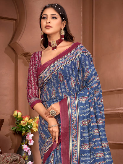 Women's Cotton Blue Printed Designer Saree With Blouse Piece