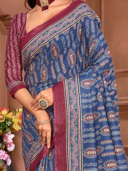 Women's Cotton Blue Printed Designer Saree With Blouse Piece