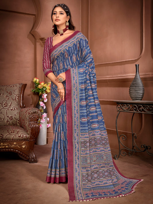 Women's Cotton Blue Printed Designer Saree With Blouse Piece
