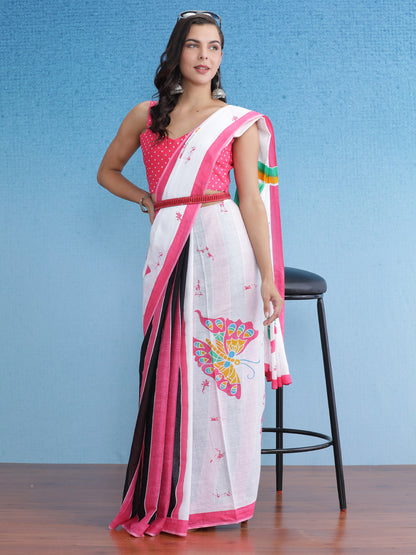 Women's Cotton White Printed Designer Saree With Blouse Piece