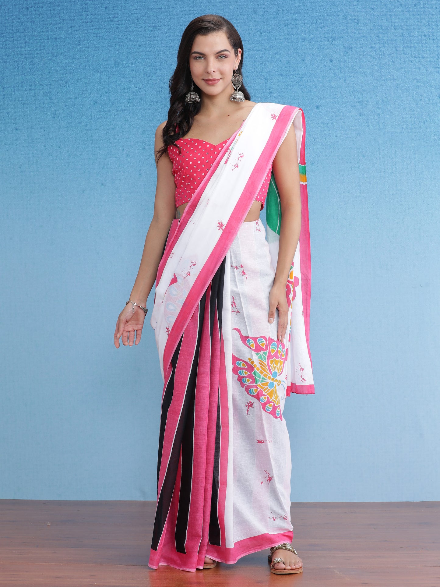 Women's Cotton White Printed Designer Saree With Blouse Piece