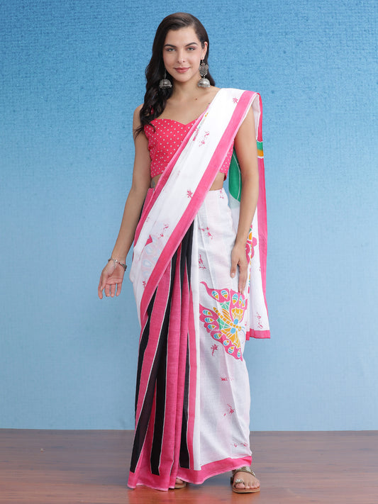 Women's Cotton White Printed Designer Saree With Blouse Piece