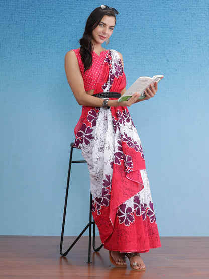Women's Cotton White Printed Designer Saree With Blouse Piece