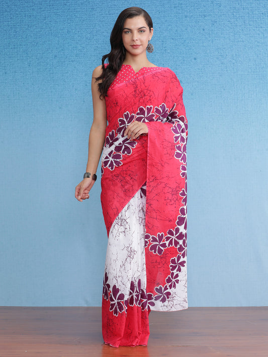 Women's Cotton White Printed Designer Saree With Blouse Piece