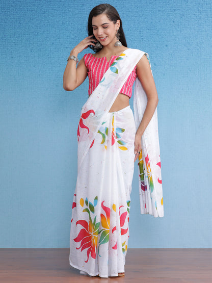 Women's Cotton White Printed Designer Saree With Blouse Piece