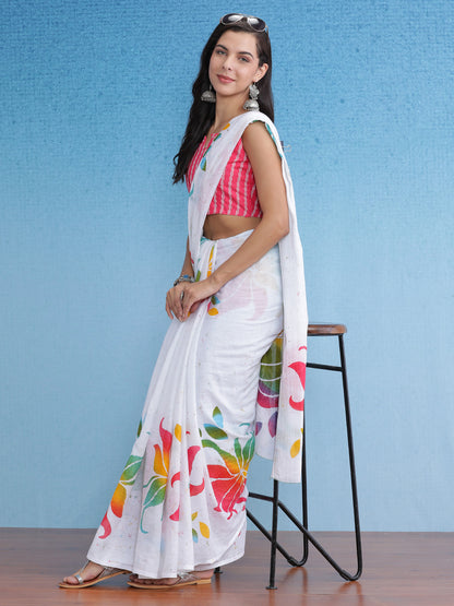 Women's Cotton White Printed Designer Saree With Blouse Piece