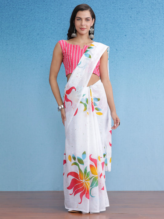 Women's Cotton White Printed Designer Saree With Blouse Piece