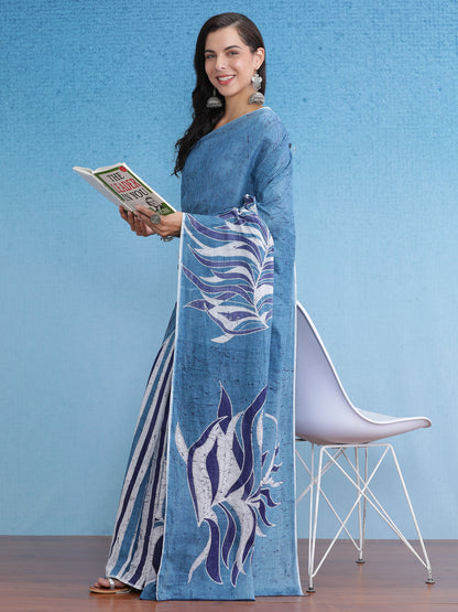 Women's Cotton Blue Printed Designer Saree With Blouse Piece
