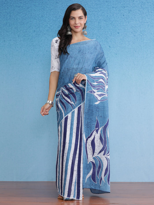 Women's Cotton Blue Printed Designer Saree With Blouse Piece