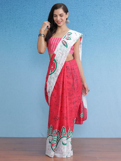 Women's Cotton Pink Printed Designer Saree With Blouse Piece