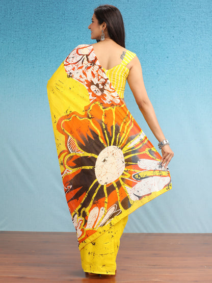 Women's Cotton Yellow Printed Designer Saree With Blouse Piece